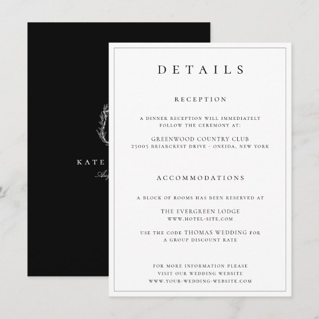 Carte D'accompagnement Botanique Crest Monogramme Détails du Mariage (Devant / Derrière)