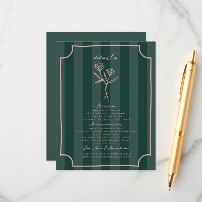 Carte D'accompagnement Botanique Floral Green Stripe Détails du Mariage (Devant/Arrière en situation)