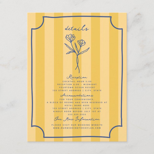 Carte D'accompagnement Botanique Floral Yellow Stripe Détails du Mariage (Devant)