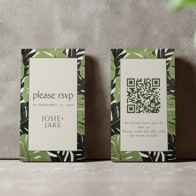 Carte D'accompagnement Botaniques luxuriants RSVP Green Jungle Feuilles Q (Tropical leafy border RSVP enclosure with QR code)