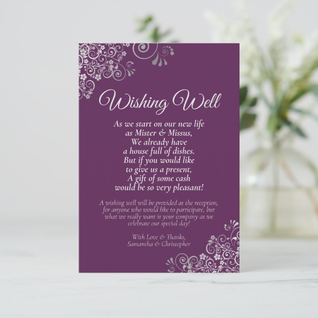 Carte D'accompagnement Boucles d'Argent Plum violet Mariage de désir bien (Debout devant)