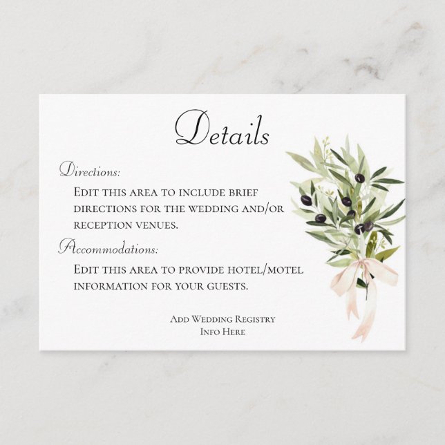 Carte D'accompagnement Bouquets d'olivier Détails du Mariage (Devant)