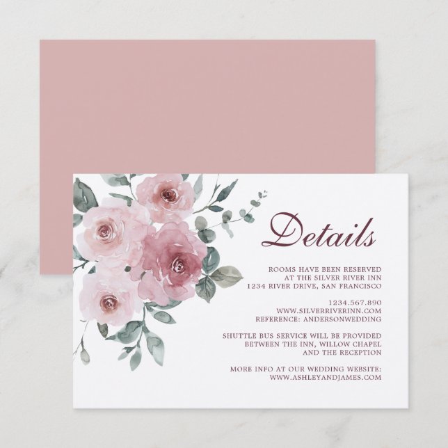 Carte D'accompagnement Bourgogne Dusty Rose Floral Détails du Mariage (Devant / Derrière)