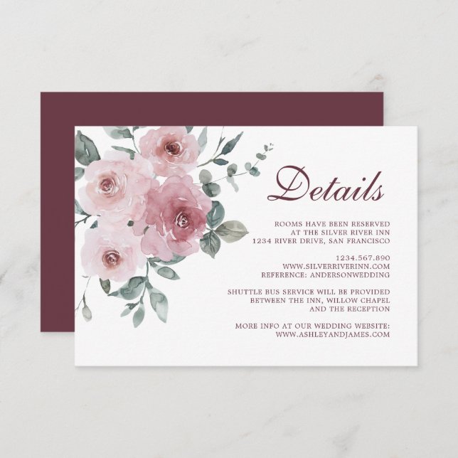 Carte D'accompagnement Bourgogne Dusty Rose Floral Détails Mariage Enclos (Devant / Derrière)