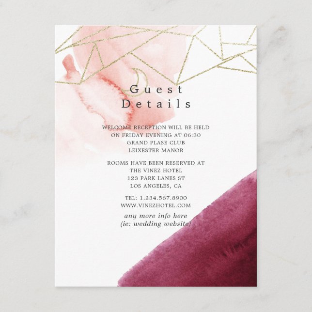 Carte D'accompagnement Bourgogne et rose poudré détails pour invités de m (Devant)