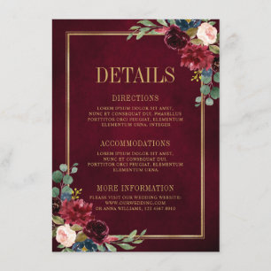 Carte D'accompagnement Bourgogne Floral Or Navy Blue Détails de Mariage E