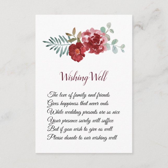 Carte D'accompagnement Bourgogne Floral Rose Folio Mariage Wishing well (Devant)