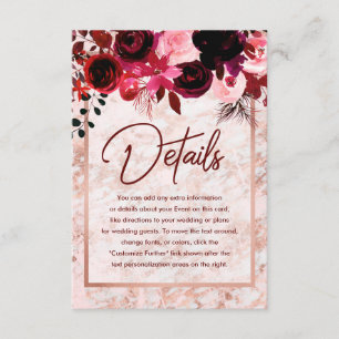 Carte D'accompagnement Bourgogne Floral & Rose Gold Marble Détails Mariag