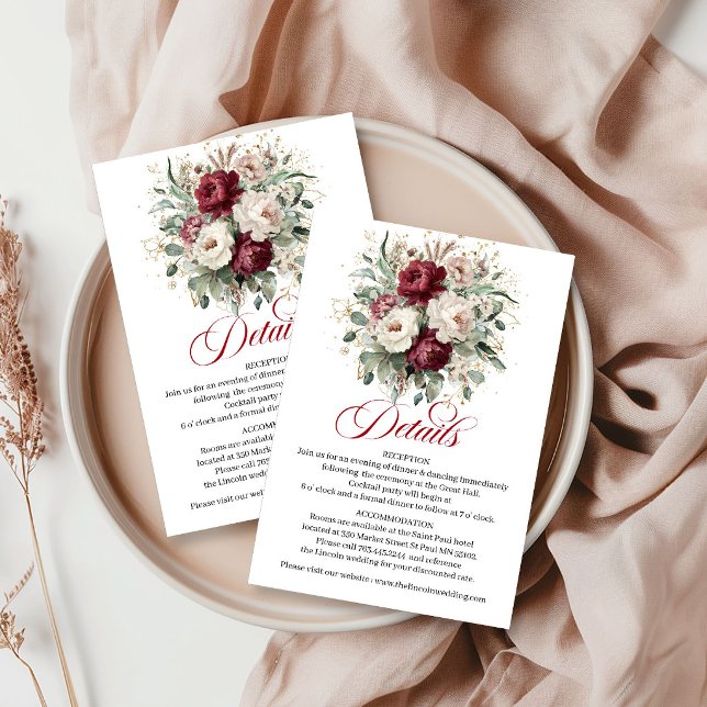 Carte D'accompagnement Bourgogne Moderne Fleurs d'Eucalyptus dorées (Modern Burgundy Floral Eucalyptus Greenery Gold Info Card)