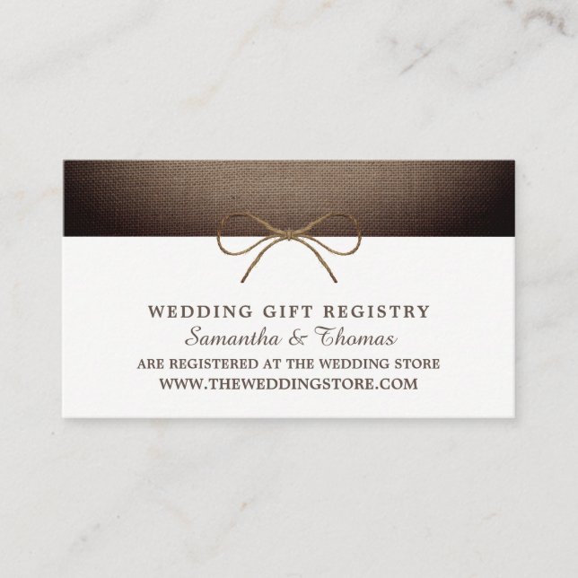 Carte D'accompagnement Bow Burlap Rustique, Registre Cadeau (Devant)
