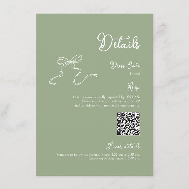 Carte D'accompagnement Bow Sage Green Détails Qr code RSVP (Devant)