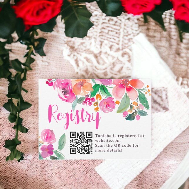 Carte D'accompagnement Bright hot rose chute floral script registre de ma (Bright hot pink fall floral script bridal registry enclosure card)