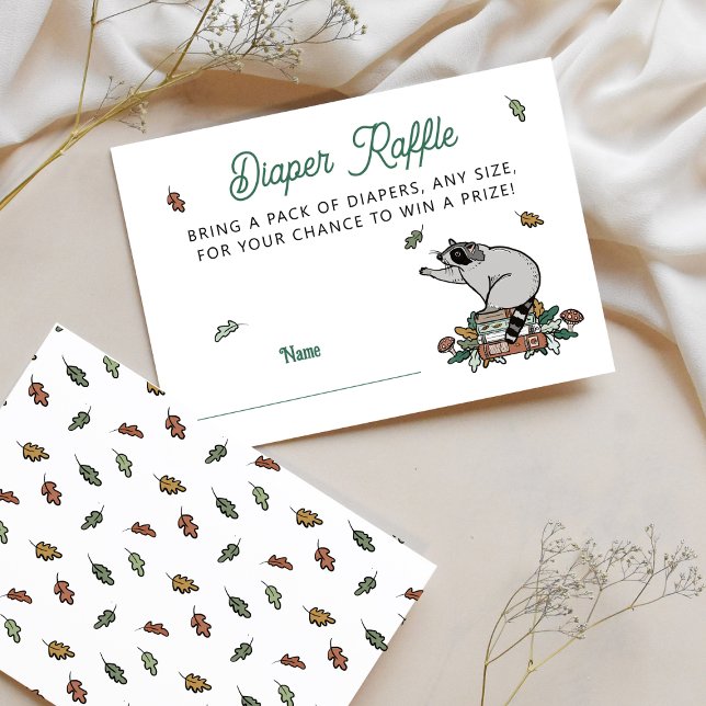 Carte D'accompagnement Brochure Baby shower de livre de bois (Diaper Raffle Baby Shower Enclosure with Woodland Racoon and Storybooks)