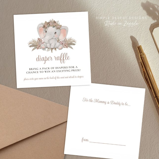 Carte D'accompagnement Brochure de Baby shower éléphant Boho (Cute Elephant Baby Shower Diaper Raffle Enclosure Cards with Boho Floral for Gender Neutral Shower)