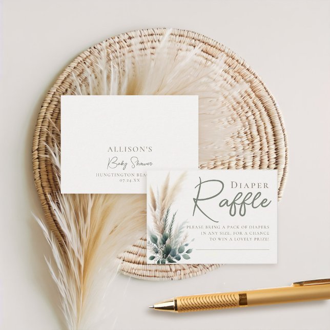 Carte D'accompagnement Brochure Raffle Boho Pampas Arc vert Neutral (boho baby shower diaper raffle card pampas greenery watercolor sage green beige neutral)