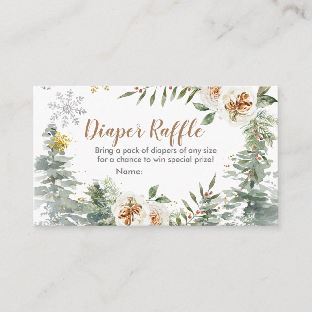 Carte D'accompagnement Brochure Raffle Hiver Blanc Floral Pins Arbres (Devant)