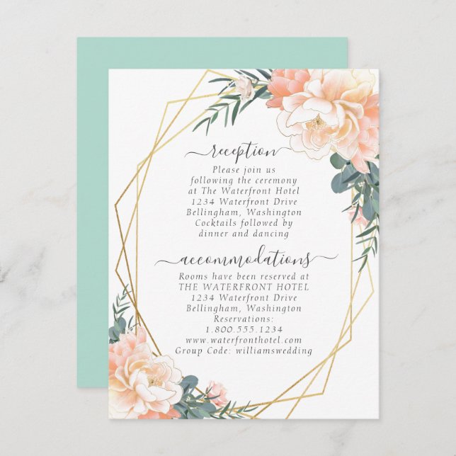 Carte D'accompagnement Brosse Flore Broche Or Mint Vert Mariage Détails (Devant / Derrière)