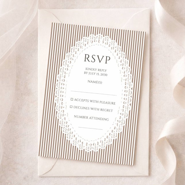 Carte D'accompagnement Brown Stripe Lace Doily Wedding RSVP Enclosure (Créateur téléchargé)