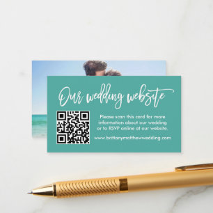 Carte D'accompagnement Brush Script Mariage site Web QR Photo Turquoise
