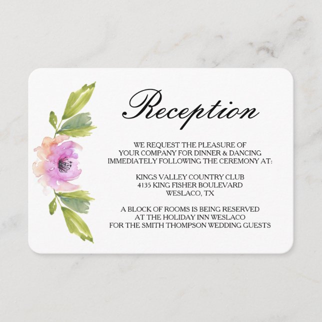 Carte D'accompagnement Brushed Blooms | Réception de mariage aquarelle (Devant)