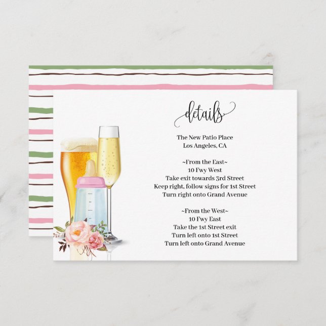 Carte D'accompagnement Bubbles & Brews avant bébé Baby shower rose dû (Devant / Derrière)