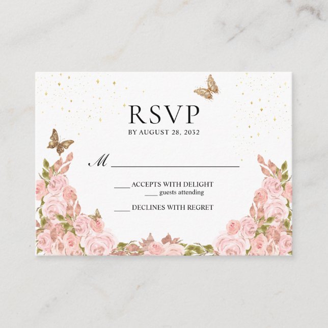 Carte D'accompagnement BUDGET Blush Pink Floral Butterfly Quinceanera (Devant)