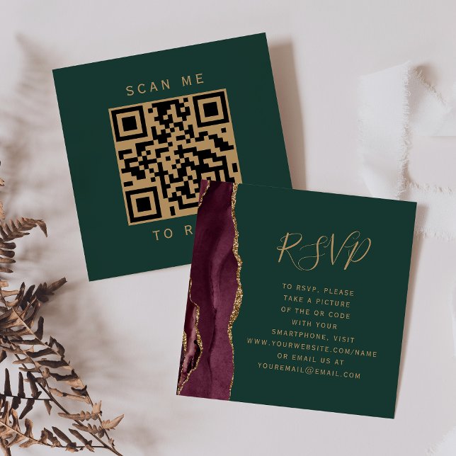Carte D'accompagnement Budget Bourgogne Gold Agate vert QR Code RSVP (Créateur téléchargé)