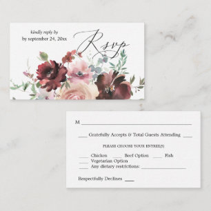 Carte D'accompagnement Budget Bourgogne & rose 5 Floral 2SM Repas RSVP
