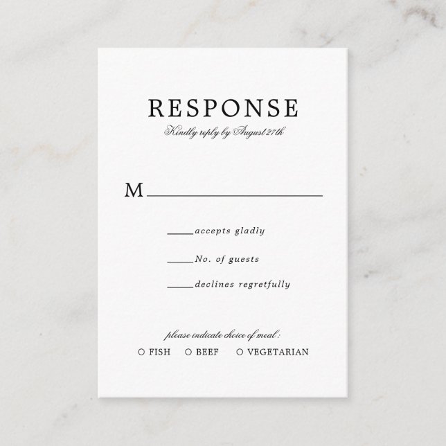 Carte D'accompagnement BUDGET Classique Mariage Simple Rsvp Repas Entree (Devant)