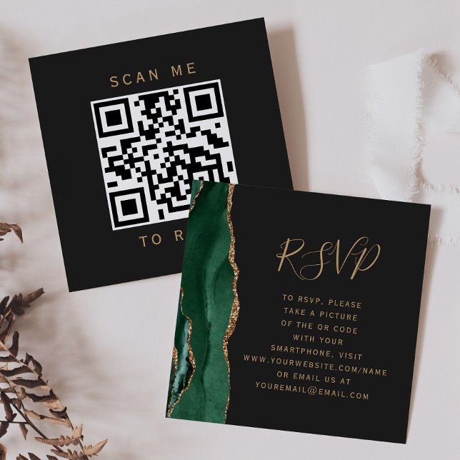Carte D'accompagnement Budget Émeraude Vert Agate Sombre QR Code RSVP (Créateur téléchargé)