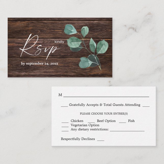Carte D'accompagnement Budget Eucalyptus & Bois vert 2SM Repas RSVP (Devant / Derrière)