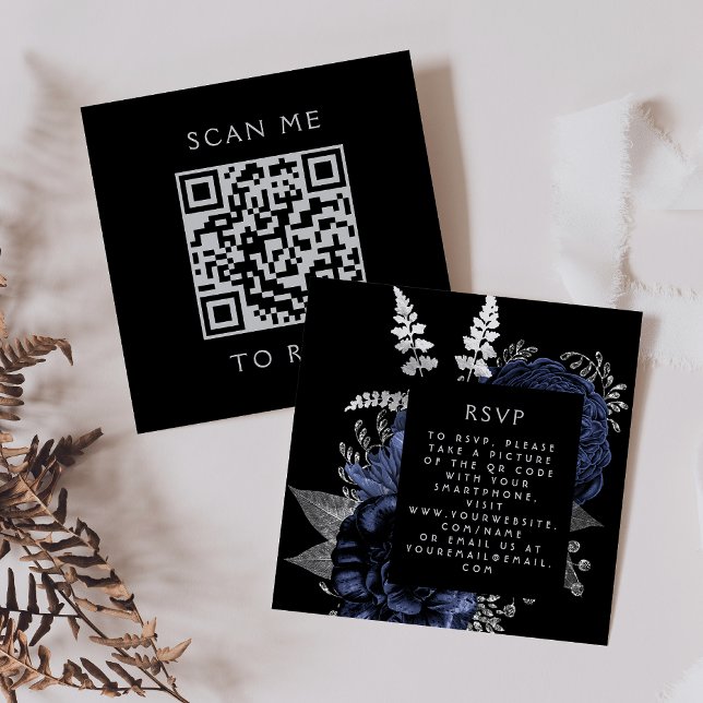 Carte D'accompagnement Budget Humeur Florale Bleu Marine Argent Code QR R (Créateur téléchargé)