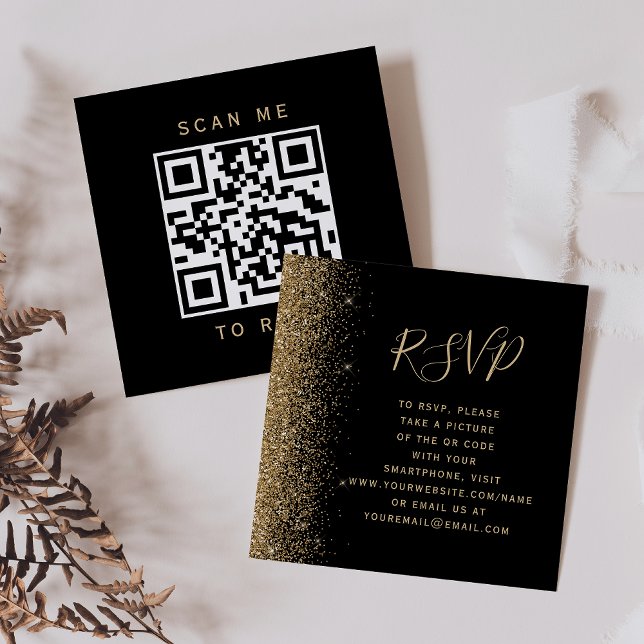 Carte D'accompagnement Budget Mariage Noir Paillettes Or Code QR RSVP (Créateur téléchargé)