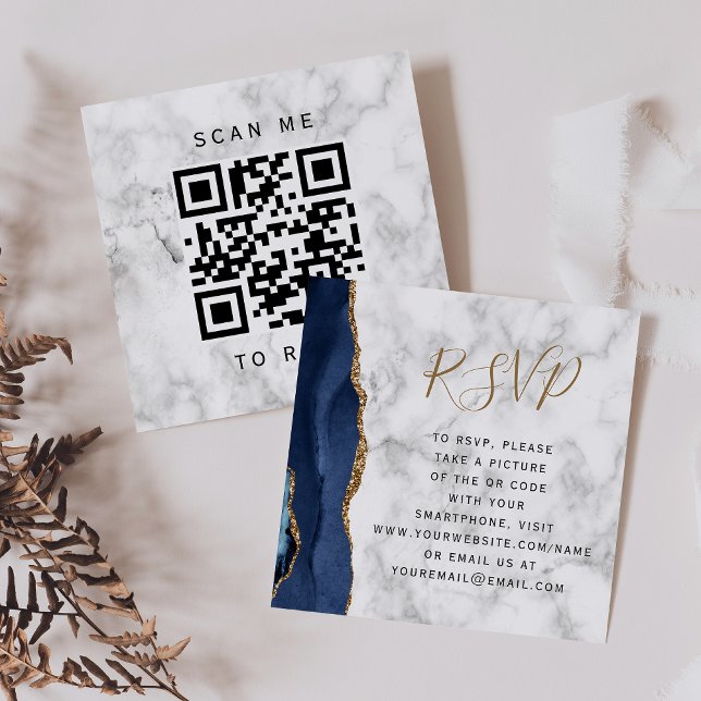 Carte D'accompagnement Budget Navy Or Gold Agate Mariage code QR RSVP (Créateur téléchargé)