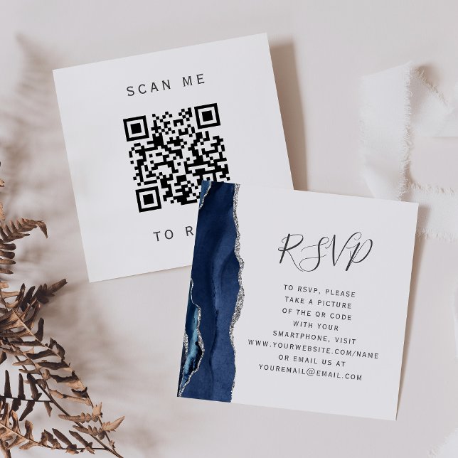 Carte D'accompagnement Budget Navy Silver Agate Mariage QR Code RSVP (Créateur téléchargé)