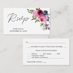 Carte D'accompagnement Budget Rose chaud & Navy Floral SM Repas RSVP