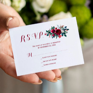 Carte D'accompagnement Budget rouge Bourgogne hiver mariage floral RSVP