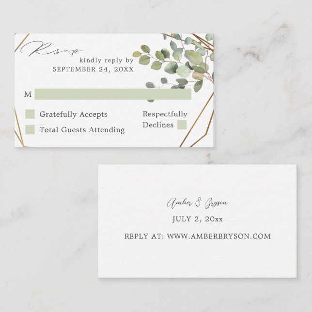 Carte D'accompagnement Budget Rustique Eucalyptus & Or SM Pas de repas RS (Devant / Derrière)