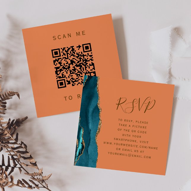 Carte D'accompagnement Budget Turquoise Gold Agate Tangerine QR Code RSVP (Créateur téléchargé)
