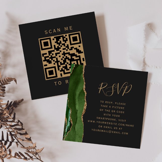 Carte D'accompagnement Budget Vert Or Agate Sombre Mariage QR Code RSVP (Créateur téléchargé)