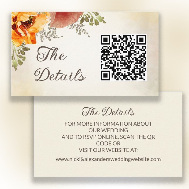 Carte D'accompagnement Burange Orange Fall Floral Détails du Mariage QR C (QR Code wedding details card where your guests can RSVP or get more information about your wedding.)