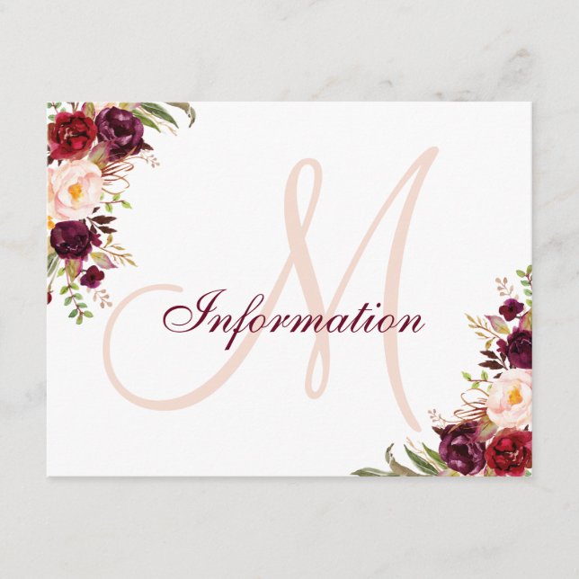 Carte D'accompagnement Burgundy Blush Floral Élégant Mariage Informations (Devant)