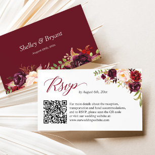 Carte D'accompagnement Burgundy Blush Floral Mariage Website RSVP QR Code