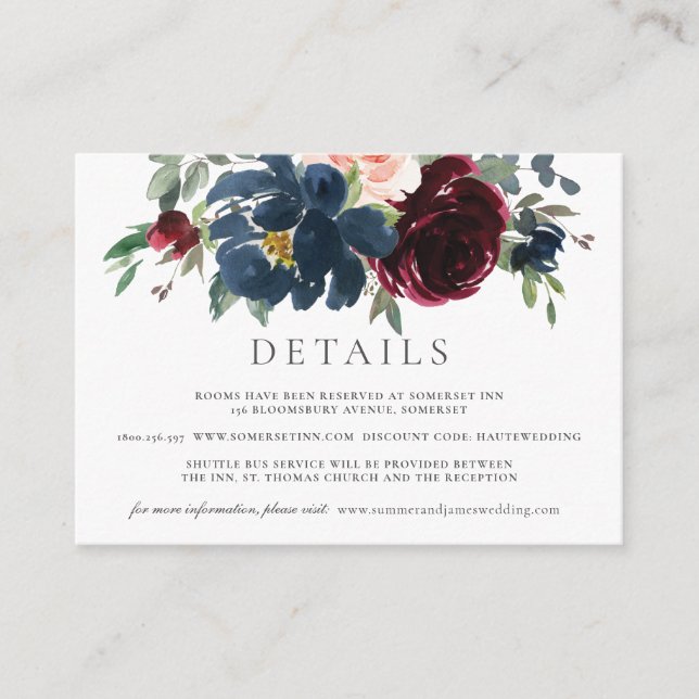 Carte D'accompagnement Burgundy Blush Navy Blue Floral Détails du Mariage (Devant)