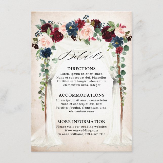 Carte D'accompagnement Burgundy Blush Navy Floral Arch Détails du Mariage (Devant)