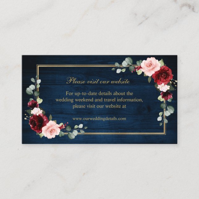 Carte D'accompagnement Burgundy Blush Navy Floral Mariage Détails du site (Devant)