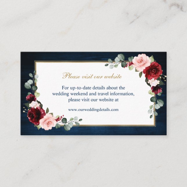 Carte D'accompagnement Burgundy Blush Navy Floral Mariage Détails du site (Devant)