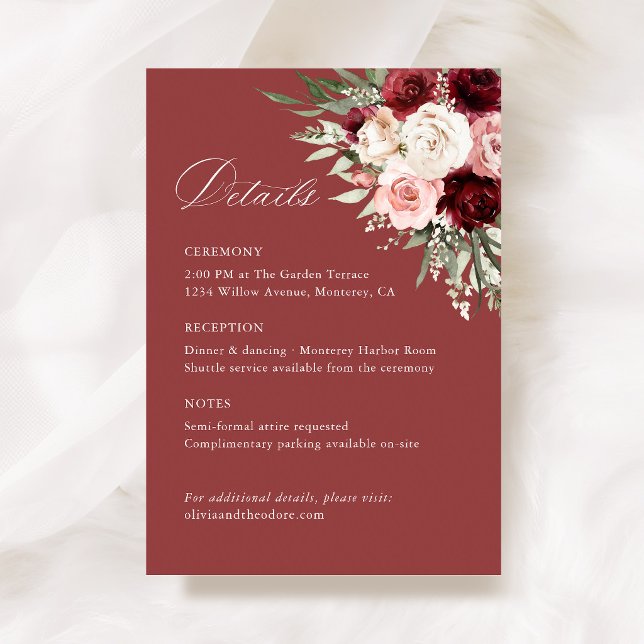 Carte D'accompagnement Burgundy Blush Pink Floral Wedding Details, Info (Burgundy blush pink floral wedding information card rose elegant ceremony reception details)