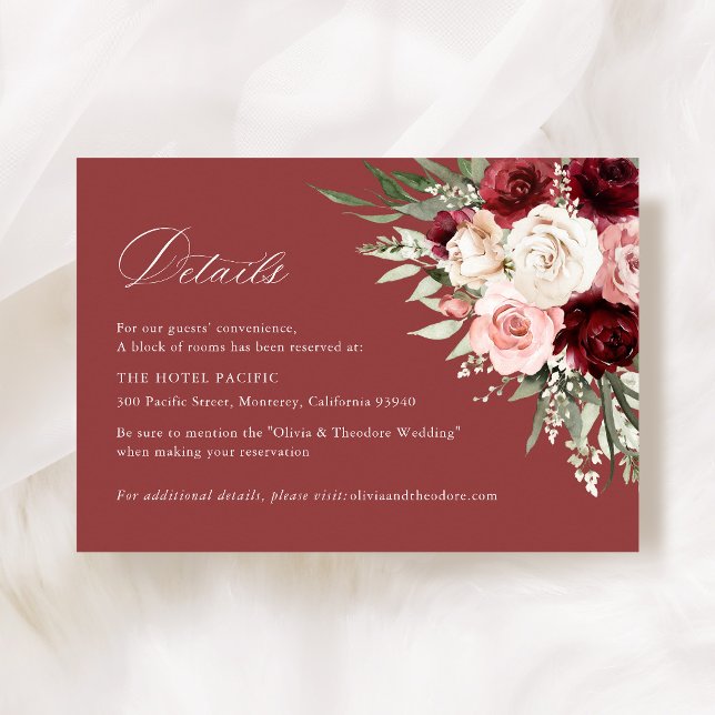Carte D'accompagnement Burgundy Blush Pink Floral Wedding Hotel Details (Burgundy blush pink floral wedding details card rose hotel information insert elegant stationery)