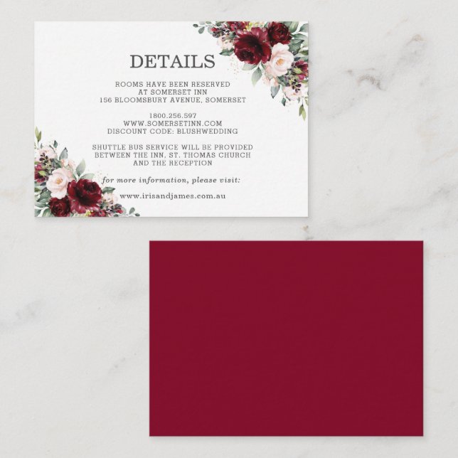 Carte D'accompagnement Burgundy Blush Rose Floral Détails Mariage Enclosu (Devant / Derrière)